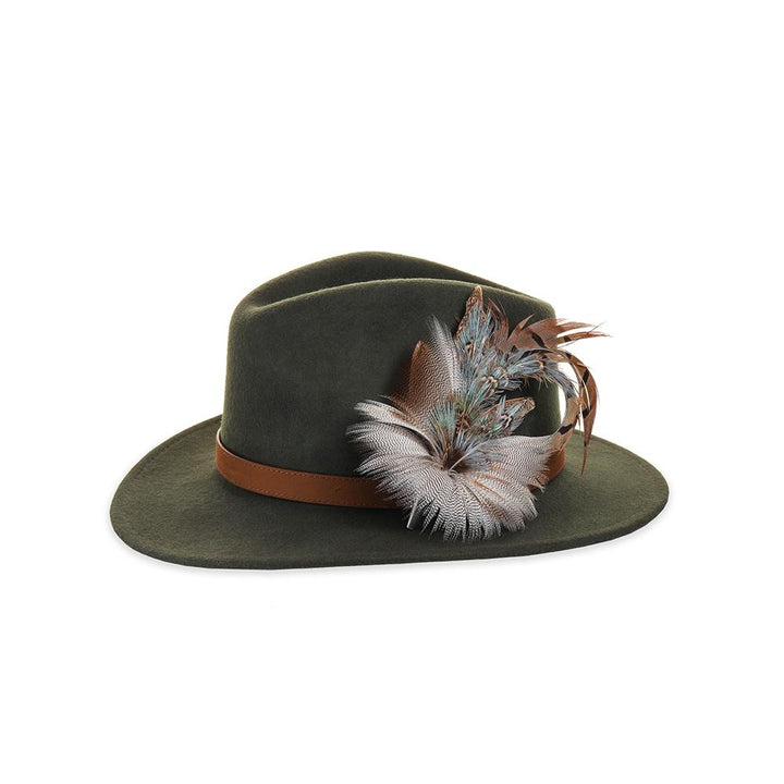 Blue Pheasant and Mallard feather brooch on an olive fedora