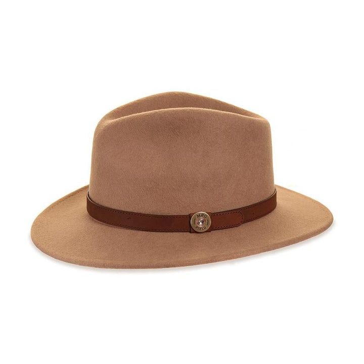 Camel felt fedora with leather band, without feather pin