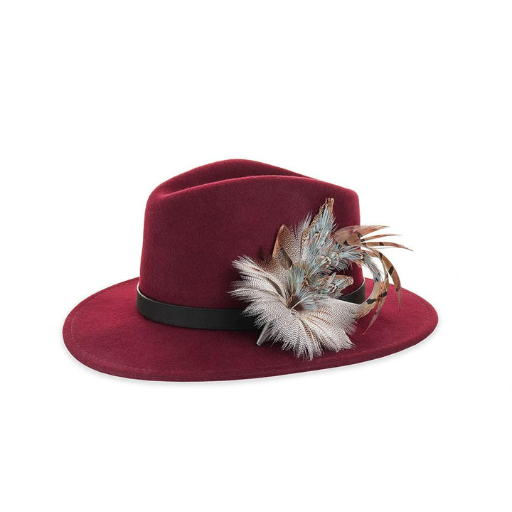 Blue Pheasant and Mallard feather brooch on a wine fedora