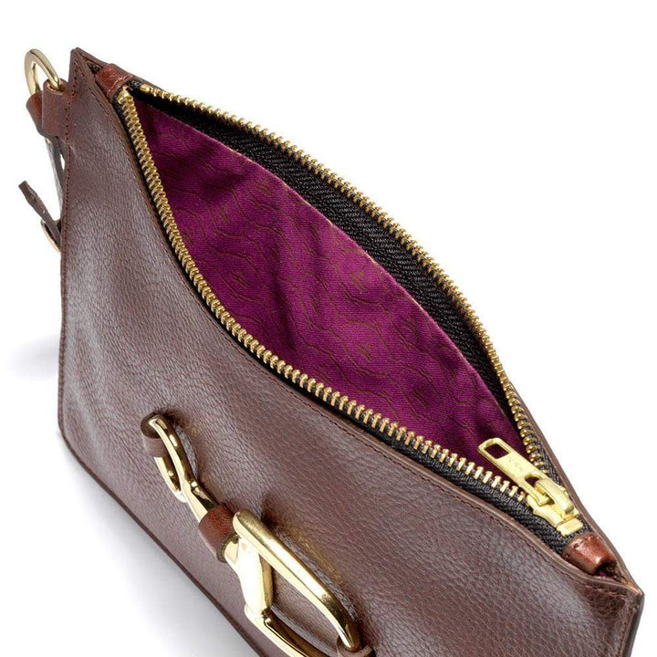 Open Windsor clutch showing the purple lining and zip