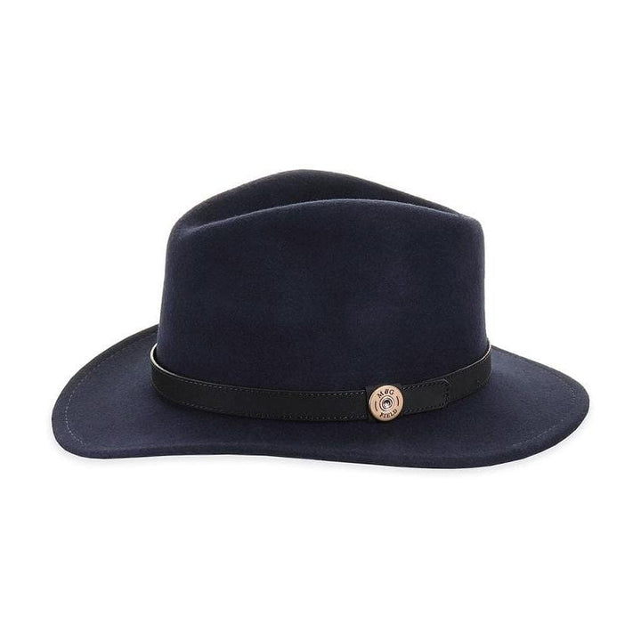 Navy felt fedora with leather band, without feather pin