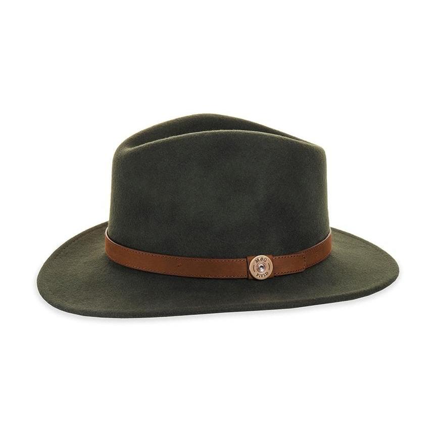 Olive felt fedora with leather band, without feather pin