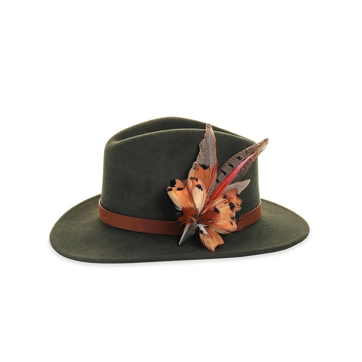 Olive felt fedora with Red Pheasant Spear feather pin