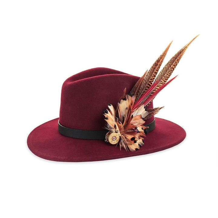 Wine felt fedora with Golden Pheasant Spear feather pin
