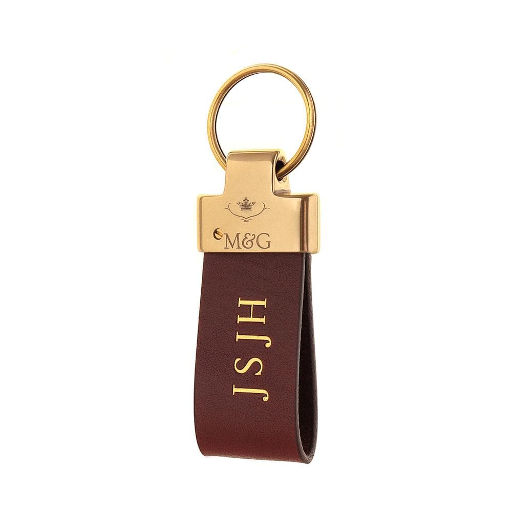 Burgundy M&amp;G leather keyring with gold-tone fittings and gold initials