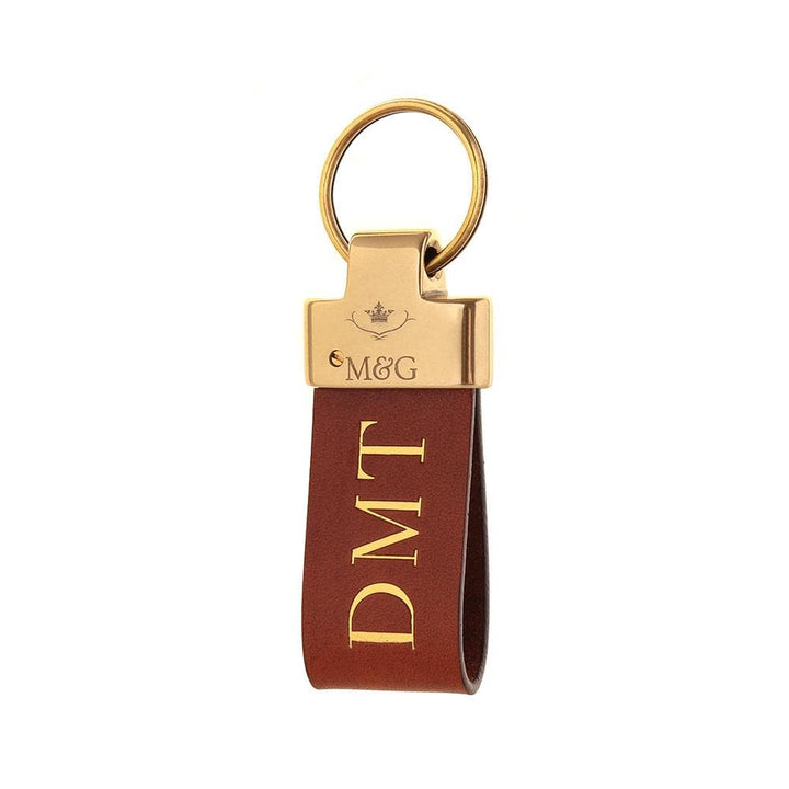 Tan M&amp;G leather keyring with gold-tone fittings and gold initials