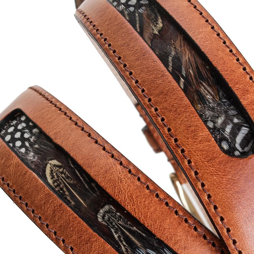 Warwick tan leather belts showing feather inset panels