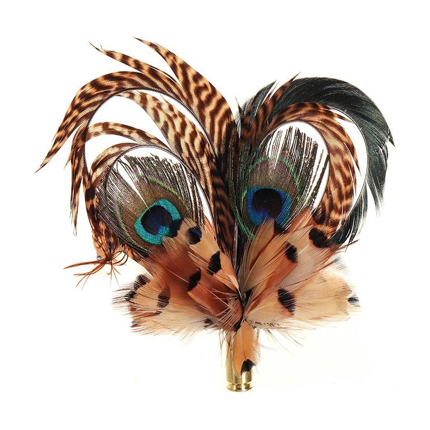 Pheasant &amp; Peacock Heart Biot feather brooch, full view