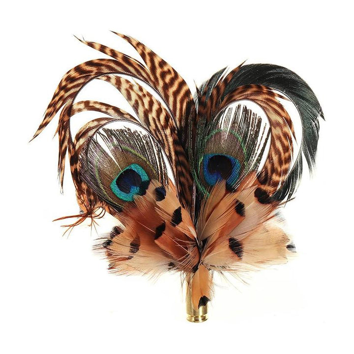 Pheasant &amp; Peacock Heart Biot feather brooch, full view