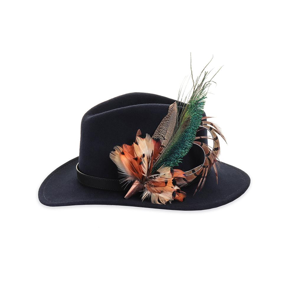 Peacock Swords (Small) feather brooch, on a navy fedora