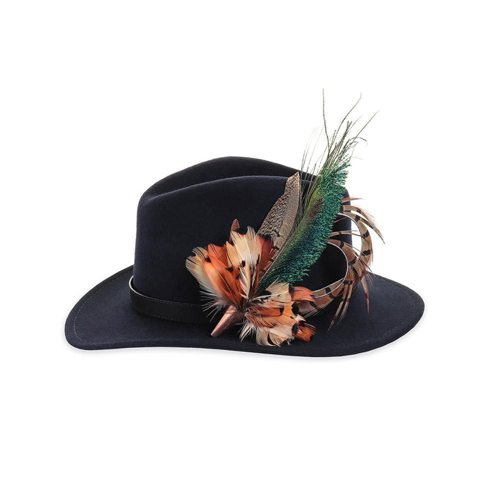 Peacock Swords (Small) feather brooch, on a navy fedora