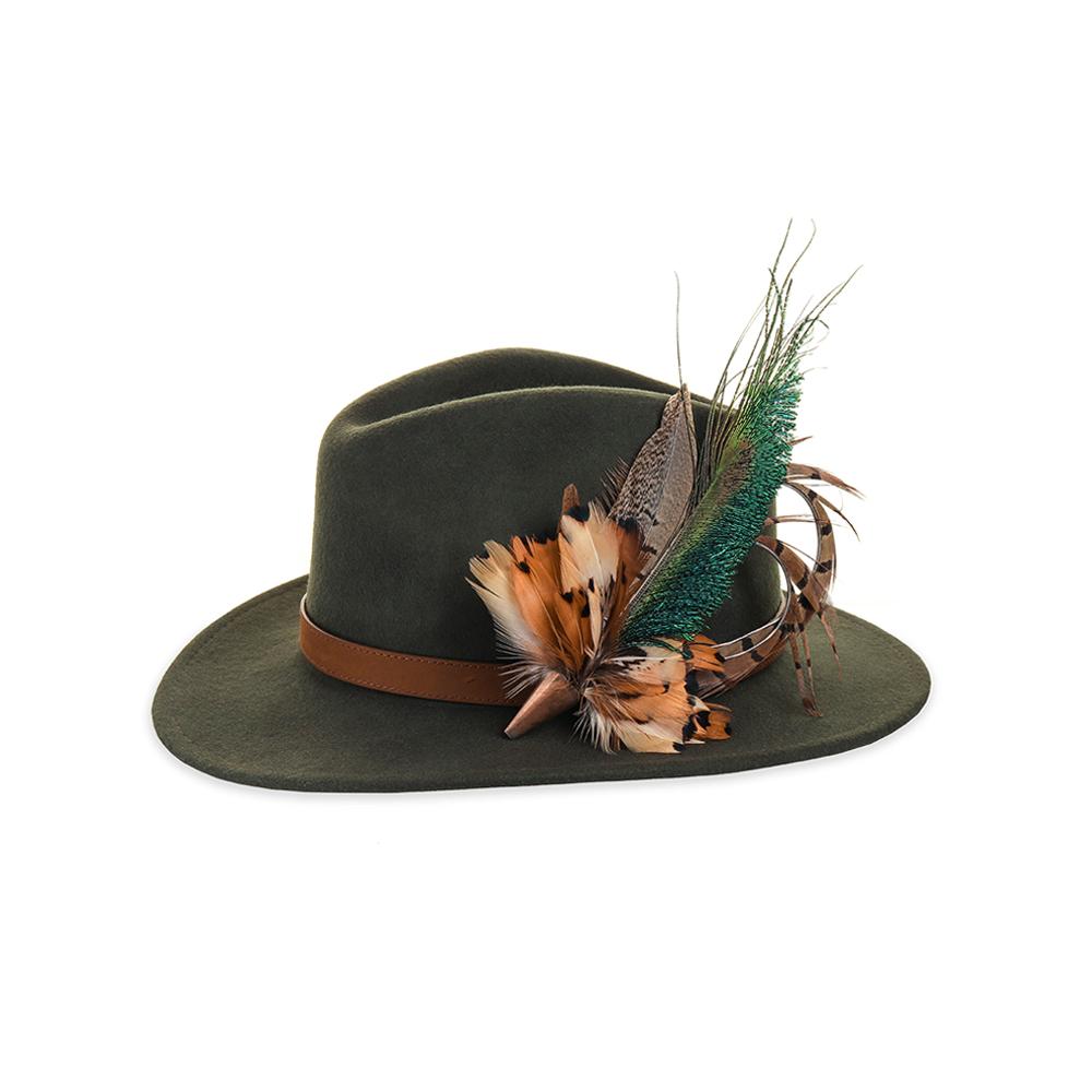 Peacock Swords (Small) feather brooch, on an olive fedora