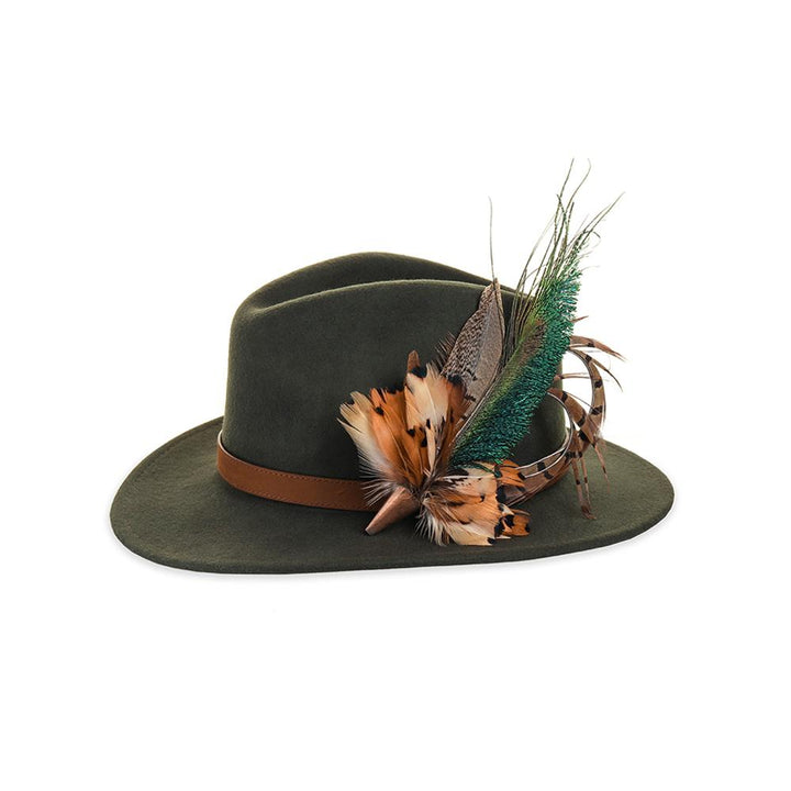 Peacock Swords (Small) feather brooch, on an olive fedora