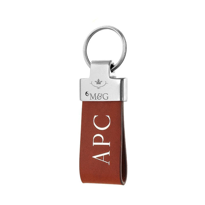 Tan M&amp;G leather keyring with silver-tone fittings and silver initials