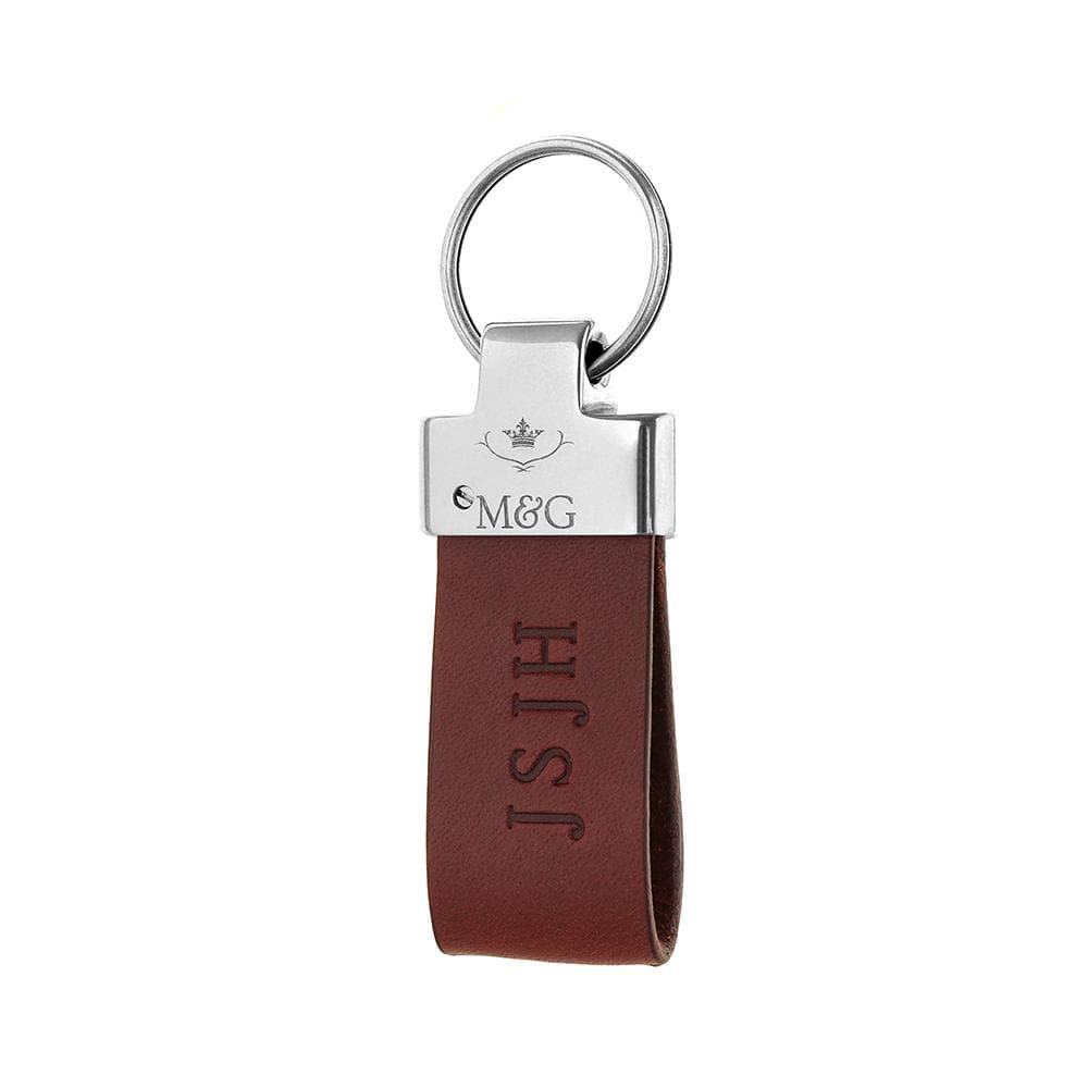 Burgundy M&amp;G leather keyring with silver-tone fittings and blind-embossed initials