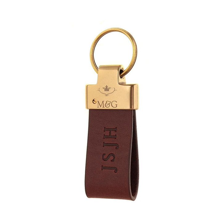 Burgundy M&amp;G leather keyring with gold-tone fittings and blind-embossed initials