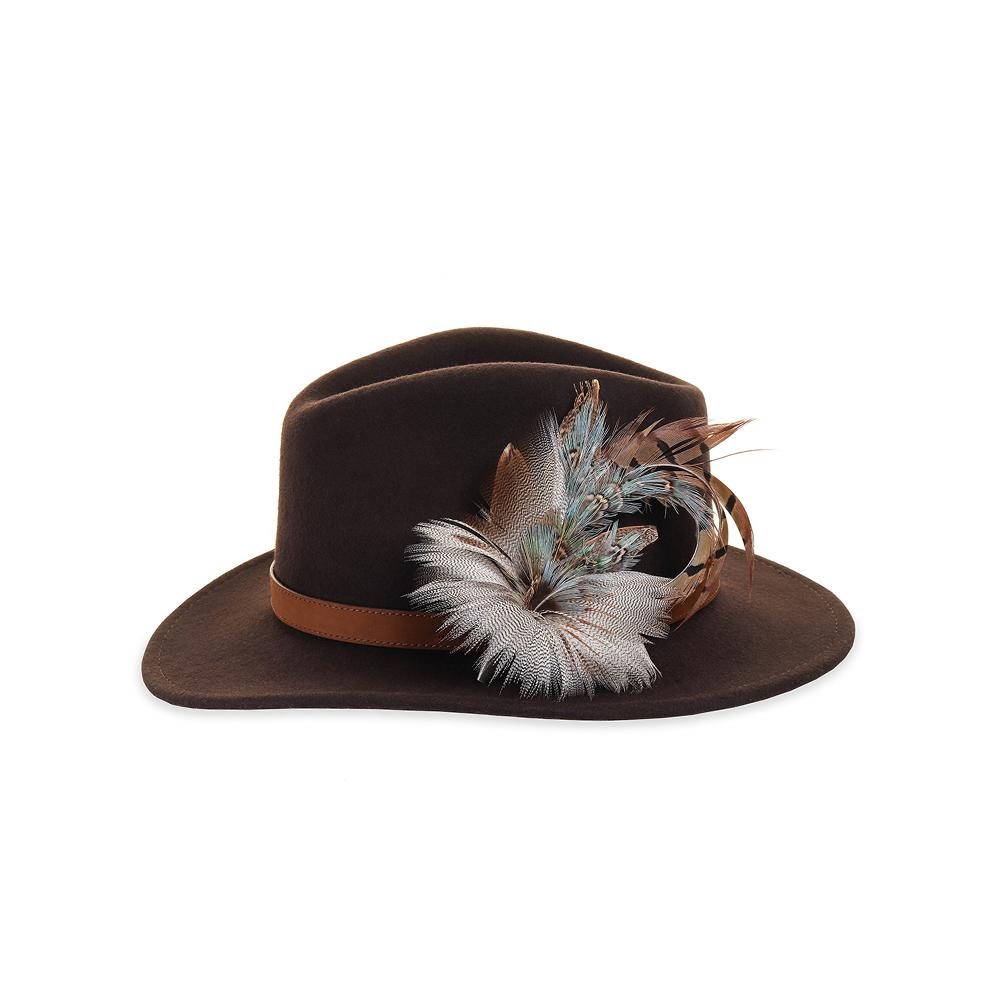 Blue Pheasant and Mallard feather brooch on a brown fedora