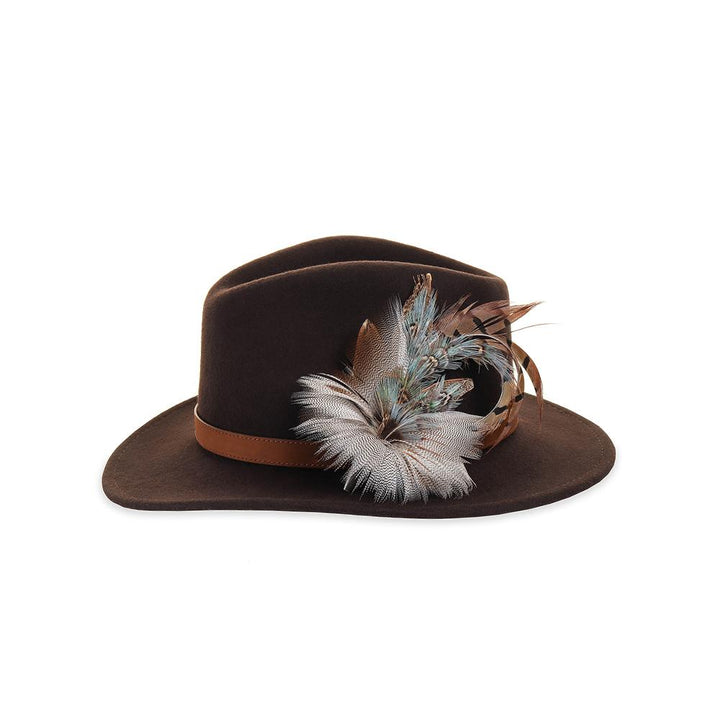 Blue Pheasant and Mallard feather brooch on a brown fedora