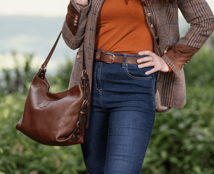 Brown Clifton Tote styled with jeans and a checked jacket