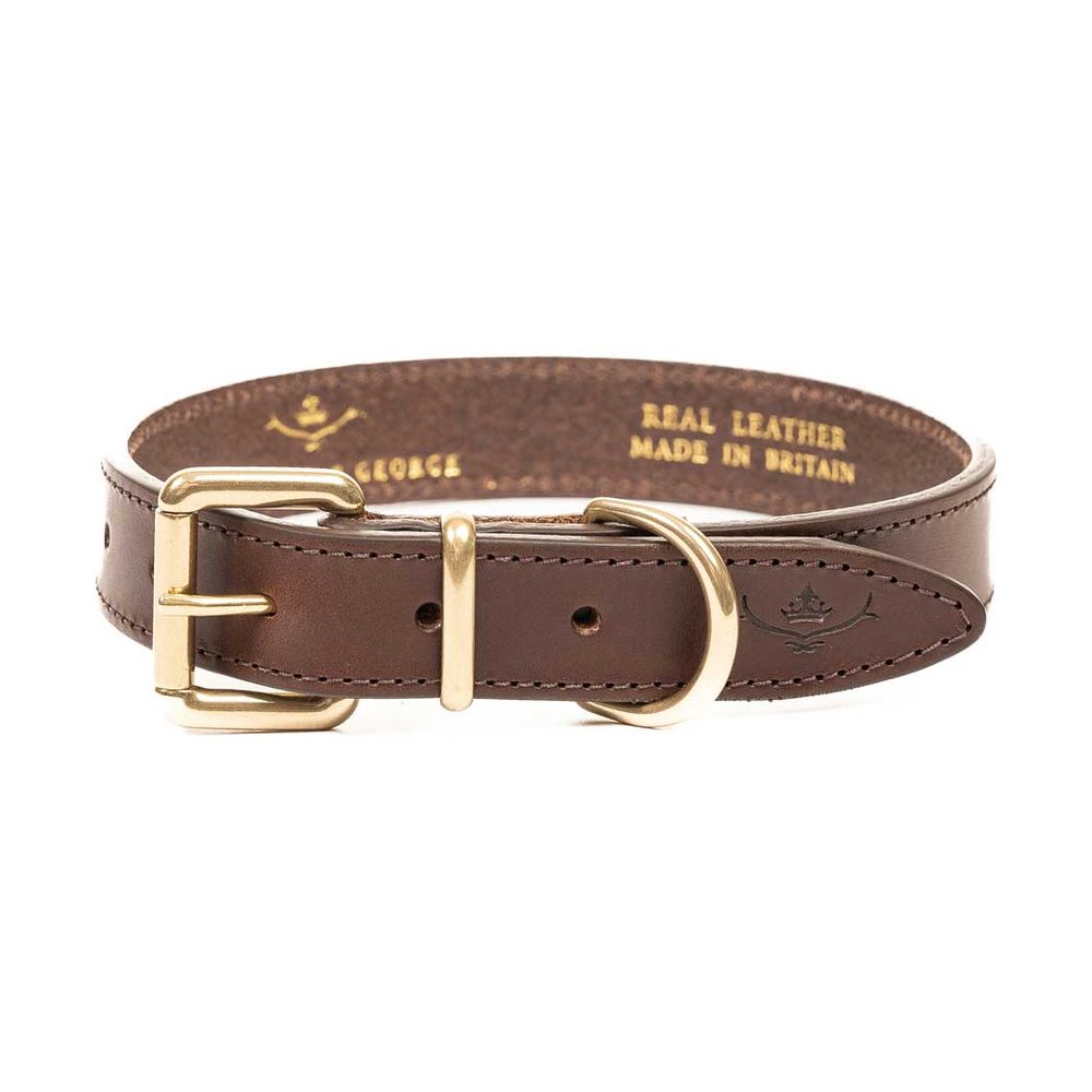 Brown leather dog collar with gold-tone buckle and D-ring