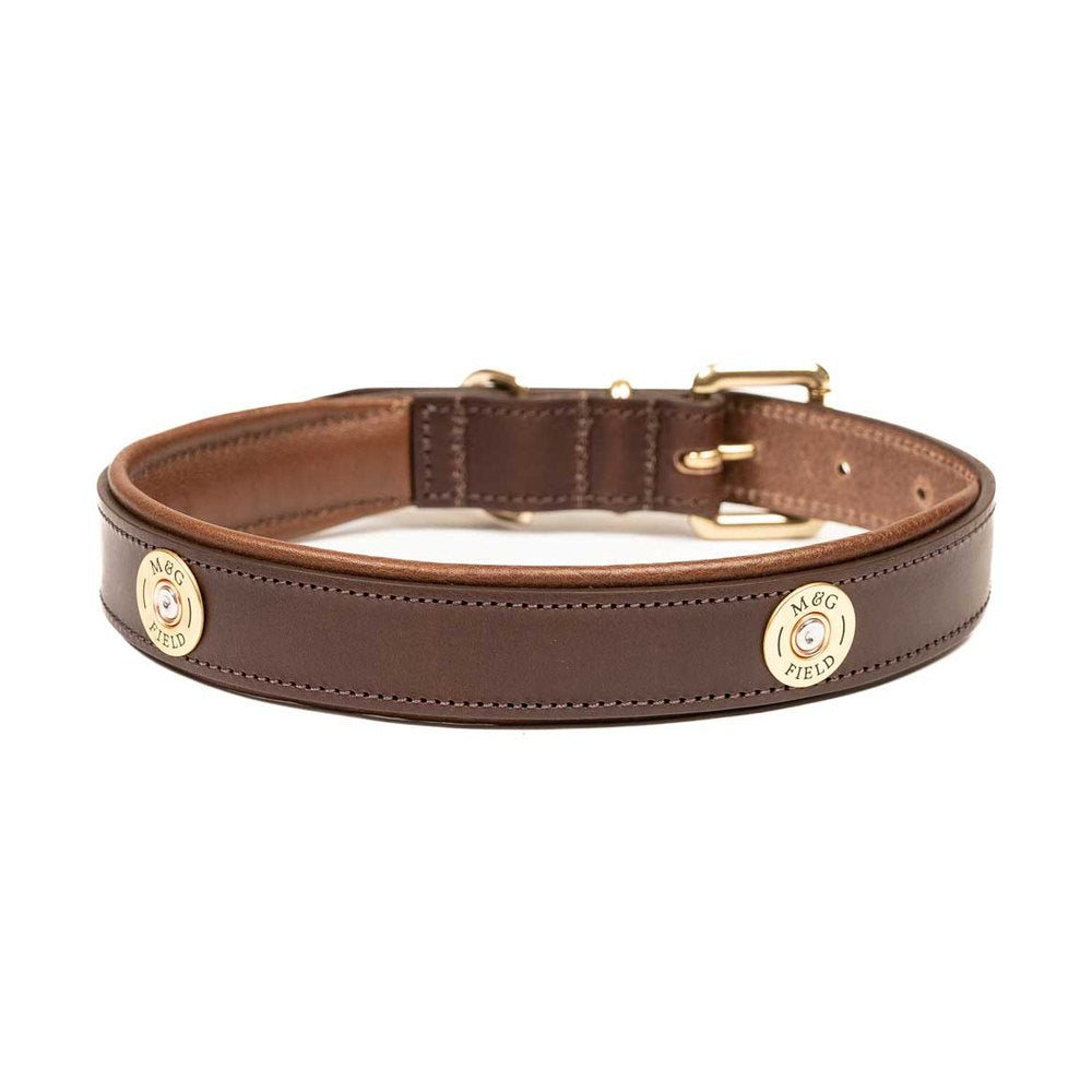 Brown padded cartridge dog collar showing cartridge details