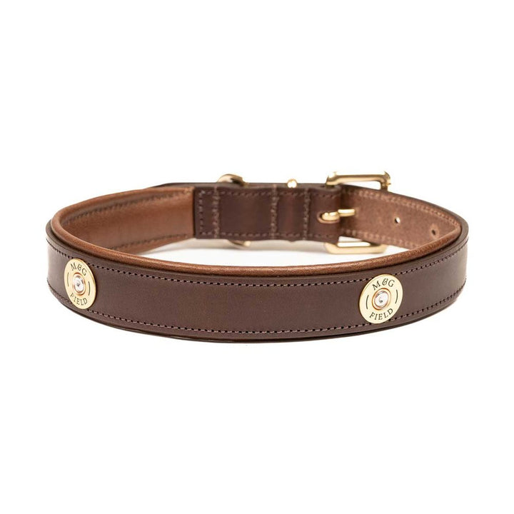 Brown padded cartridge dog collar showing cartridge details