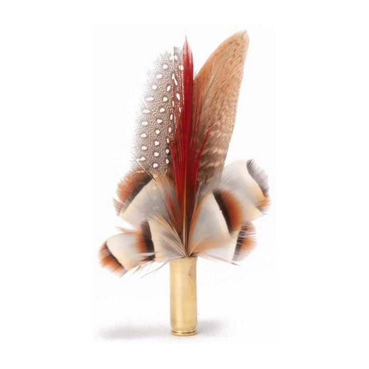 Partridge &amp; Golden Pheasant Flourish feather brooch, full view