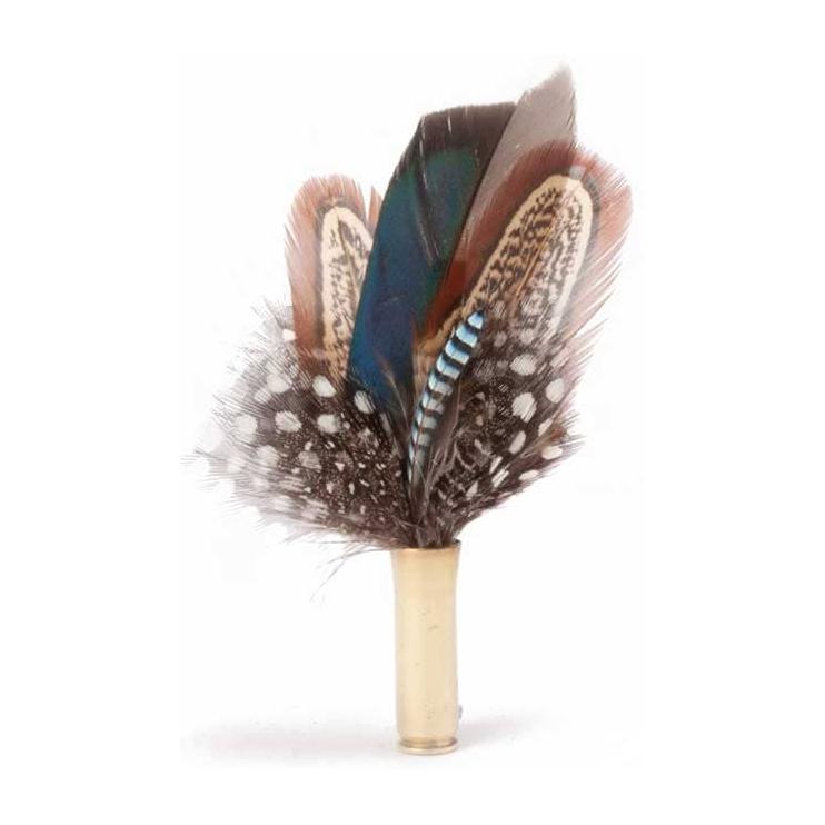 Pheasant, Mallard &amp; Guinea Fowl Flourish feather brooch, full view