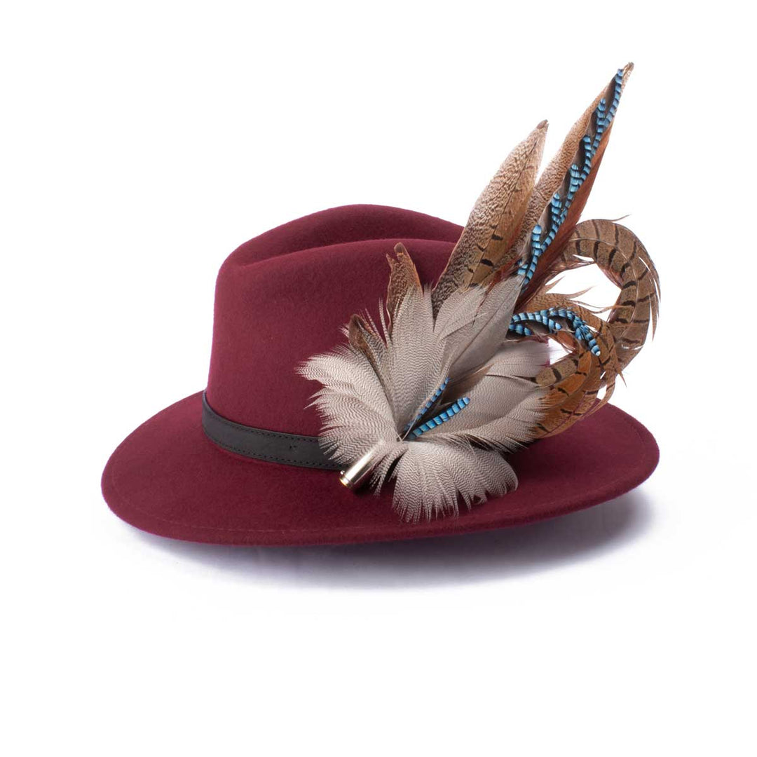 Jay &amp; Pheasant Biot (Large) feather brooch, on a wine fedora