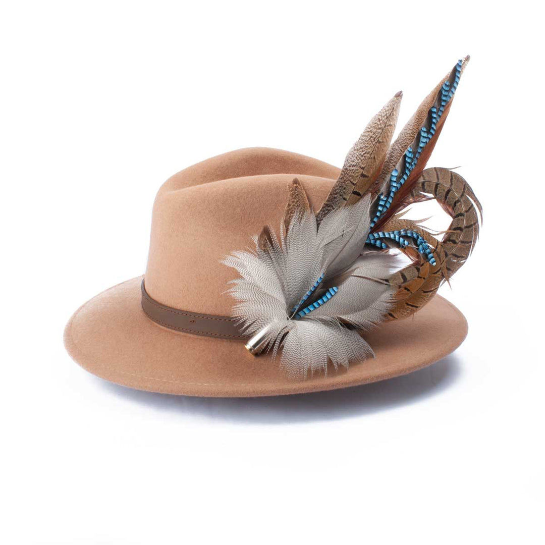 Jay &amp; Pheasant Biot (Large) feather brooch, on a camel fedora