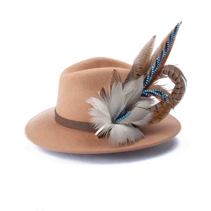 Jay &amp; Pheasant Biot (Large) feather brooch, on a camel fedora