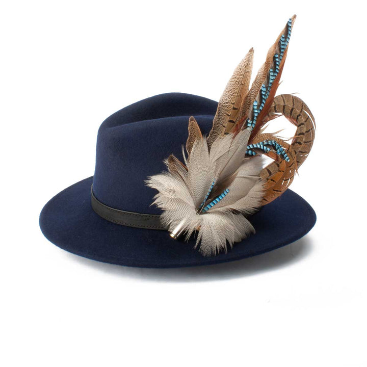 Jay &amp; Pheasant Biot (Large) feather brooch, on a navy fedora