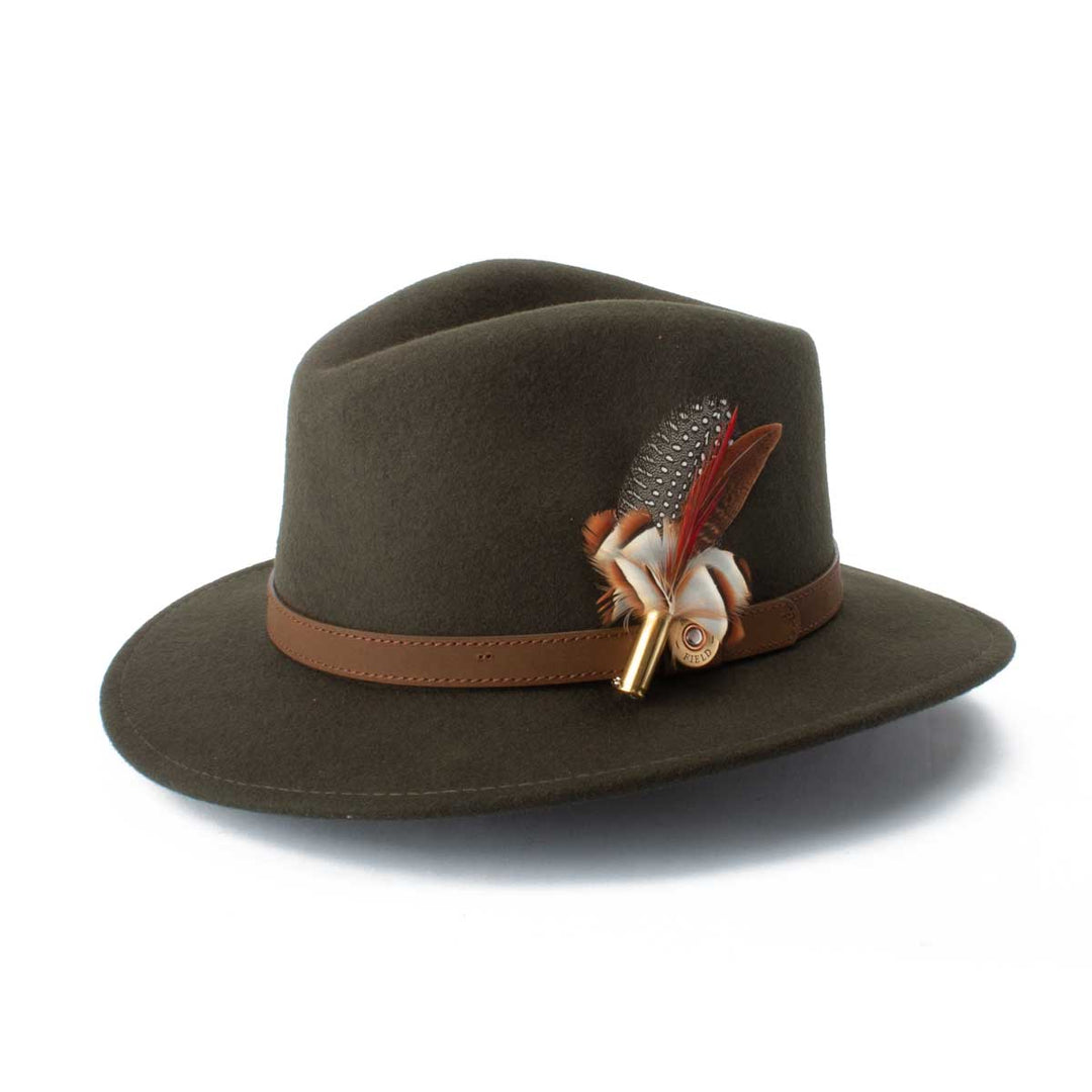 Partridge &amp; Golden Pheasant Flourish feather brooch, on an olive fedora