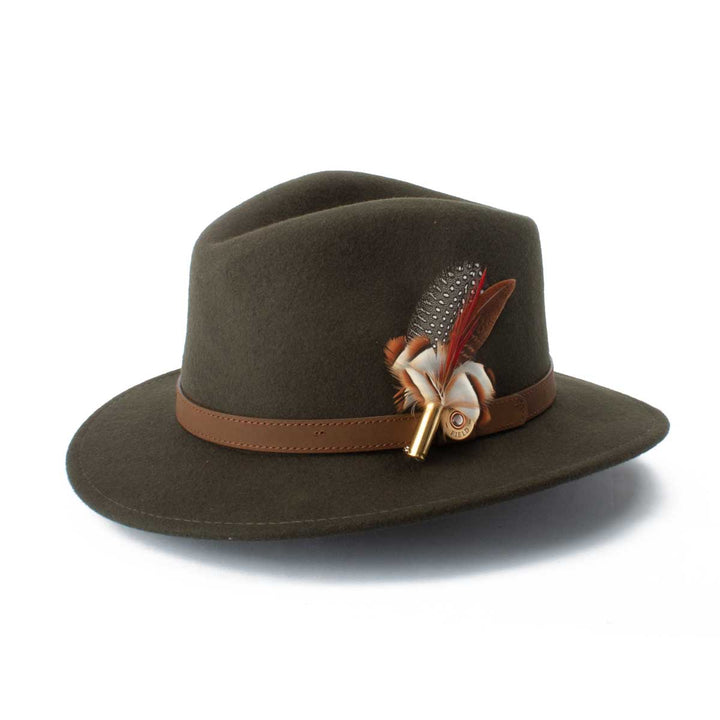 Partridge &amp; Golden Pheasant Flourish feather brooch, on an olive fedora