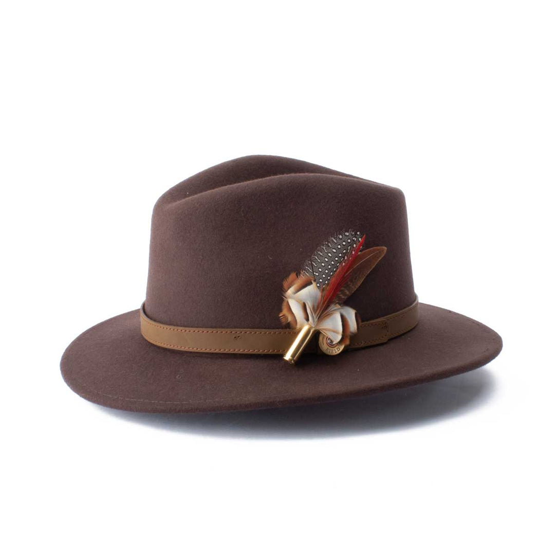 Partridge &amp; Golden Pheasant Flourish feather brooch, on a brown fedora