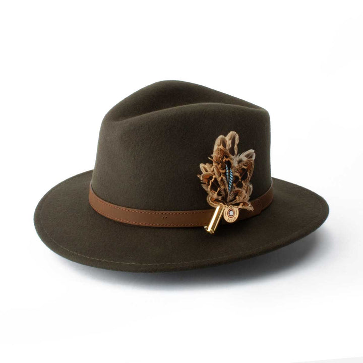 Hen Pheasant &amp; Jay (Mini) feather brooch, on an olive fedora