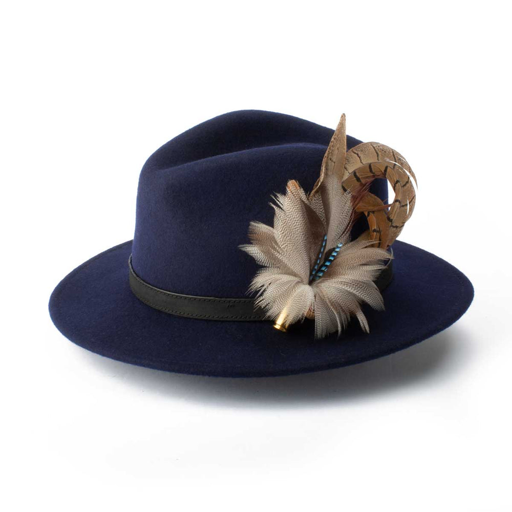 Jay & Pheasant Biot (Small) feather brooch, on a navy fedora