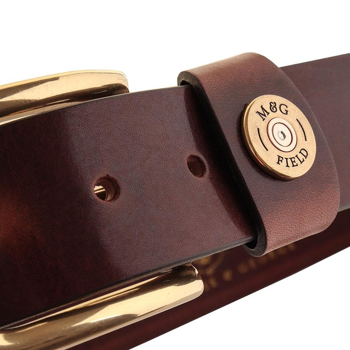 Close-up of the Wycombe dark brown leather cartridge keeper