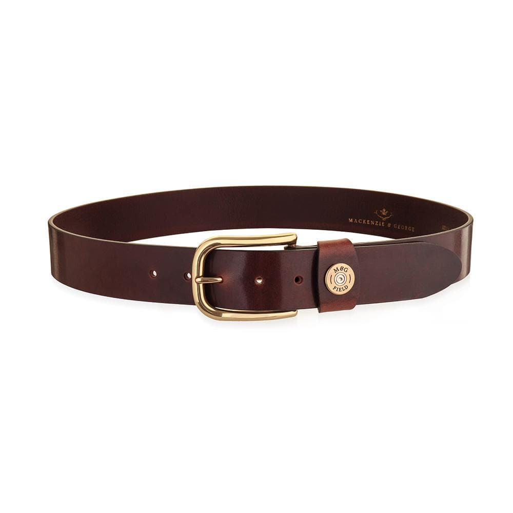 Wycombe dark brown leather belt with gold-tone buckle and cartridge keeper
